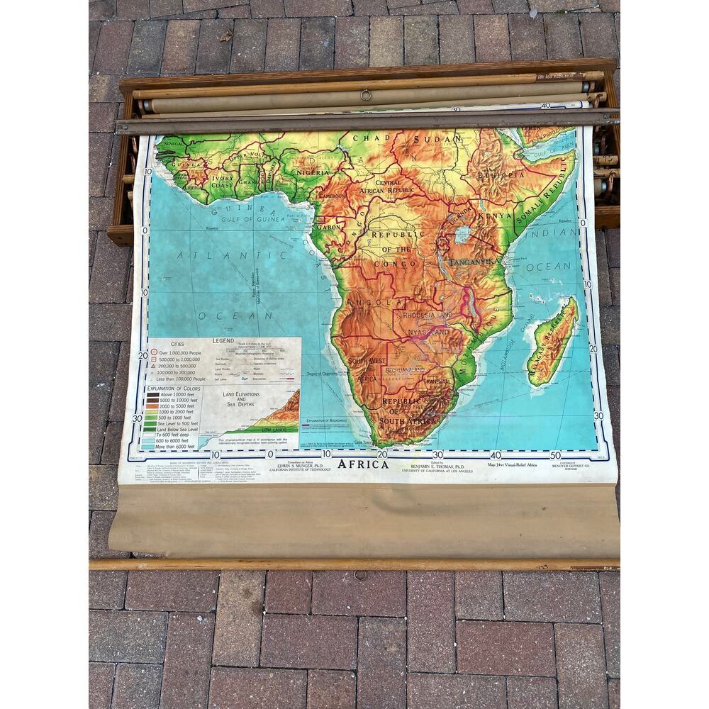 Vintage 1964 Denoyer Geppert Pull Down Map, Oak Frame, 6 Maps